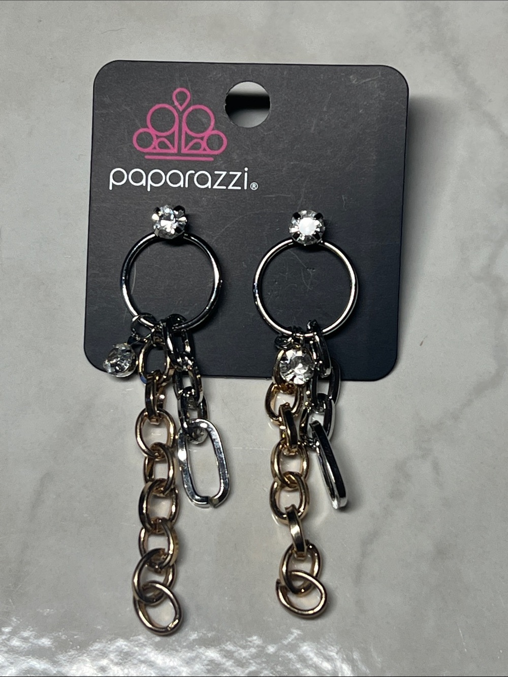 Paparazzi Two-Tone Chain Drop Earrings with Crystal Studs - Gold & Silver